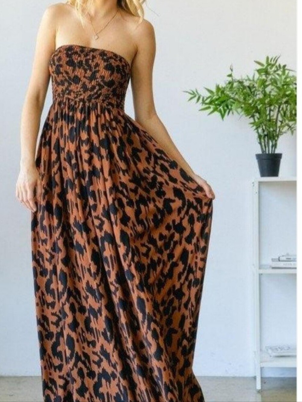 Hers & Mine Animal Print Smocked Tube Wide Leg Jumpsuit